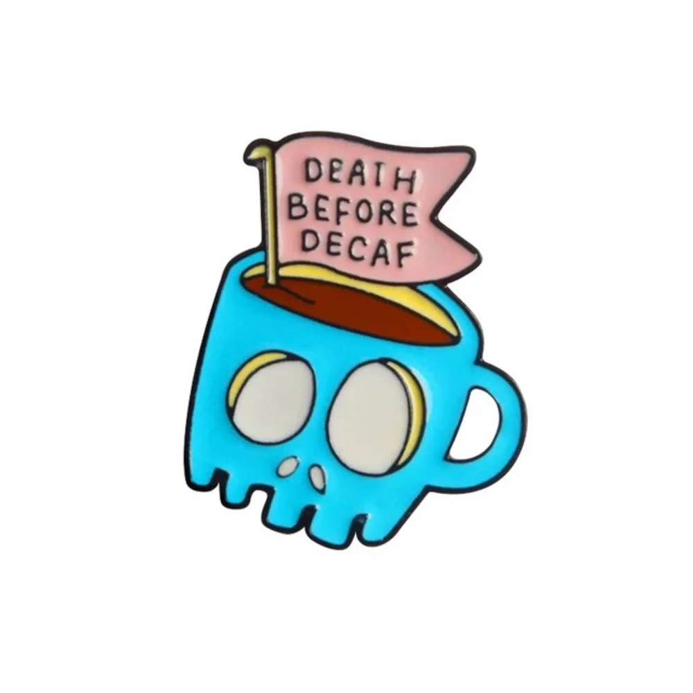 Funny Skull Coffee Mug Cup “Death Before Decaf” Metal Enamel Pin Brooch - Picture 1 of 8